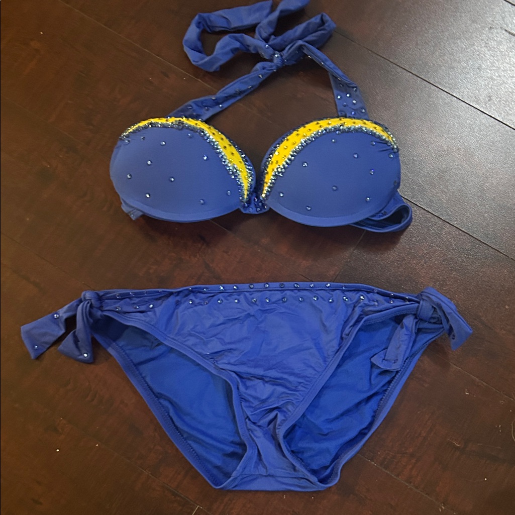 La Chargers Blue And Yellow Embellished Bikini Set